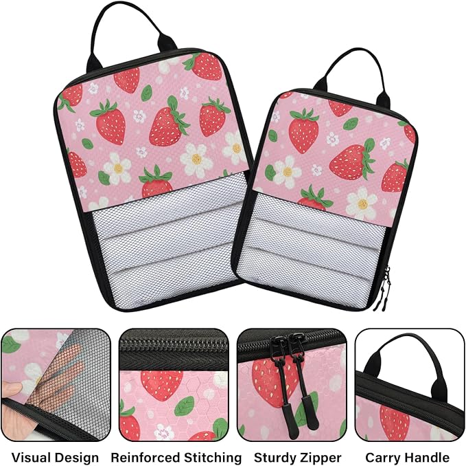 Strawberry Pattern 6 Set Compression Packing Cubes for Travel Luggage Carry On Suitcase Compressible Expandable Packing Cubes Organizers Bag - Image 3
