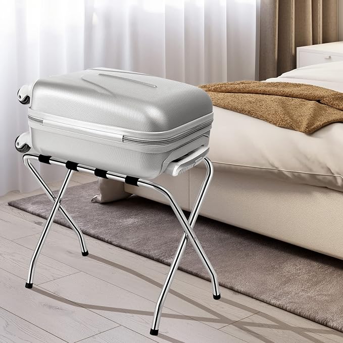 MAT EXPERT Folding Luggage Rack, No Assembly Required, 180lbs Capacity Luggage Holder w/ Nylon Straps & Non-slip Footpads, Chrome Suitcase Stand for Guest Room Home Bedroom Hotel, Set of 2, Silver - Image 5