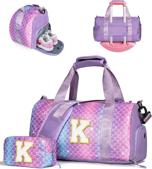 Girls Cheer Up Gifts-Girl Gym Bag with Shoe Compartment, Kid Personalized Weekender Overnight Bags, Initial Travel Tote with Makeup Pouch, Graduation Gift for Niece Kids Daughter (Letter K) by Vogewood