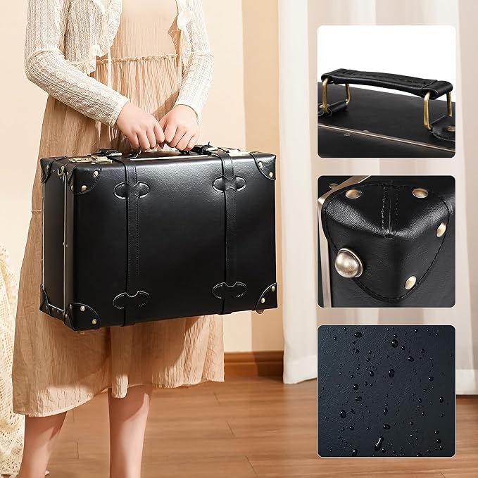 urecity Vintage and Cute Carry-on Overnight Case Non-wheeled Mini Leather Trunk Suitcase with Shoulder Strap - Image 4