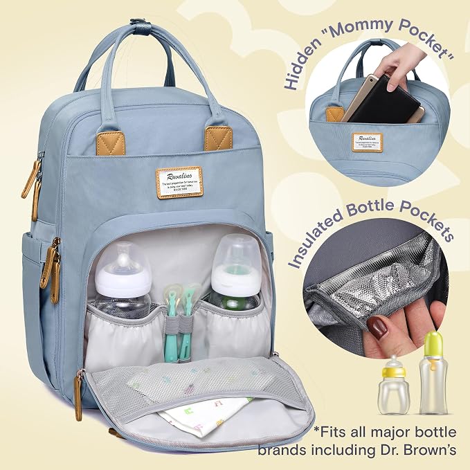 RUVALINO Diaper Bag Backpack-Multifunction Baby Travel Bag with Changing pad, Insulated Bottle Holders & Pacifier Case, Large Capacity, Waterproof, Sky Blue - Image 2