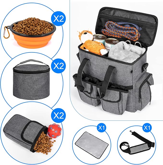 Modoker Dog Travel Bag Backpack, Airline Approved Pet Accessories Organizer for Dog and Cat with Shoulder Strap, 2 Dog Food Storage Containers, 2 Collapsible Dog Bowls,1 Pet Mat, Rose Red | Dog travel accessories set with feeding supplies, bowls, mat, ... - Image 3