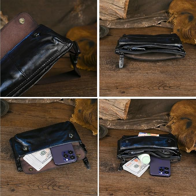 Water Resistant Canvas + Leather Hiking Riding Travel Fanny Waist Pack Small Phone Pouch For Men Women FB811-29 (100% Leather-The 8136 Blue) - Image 7