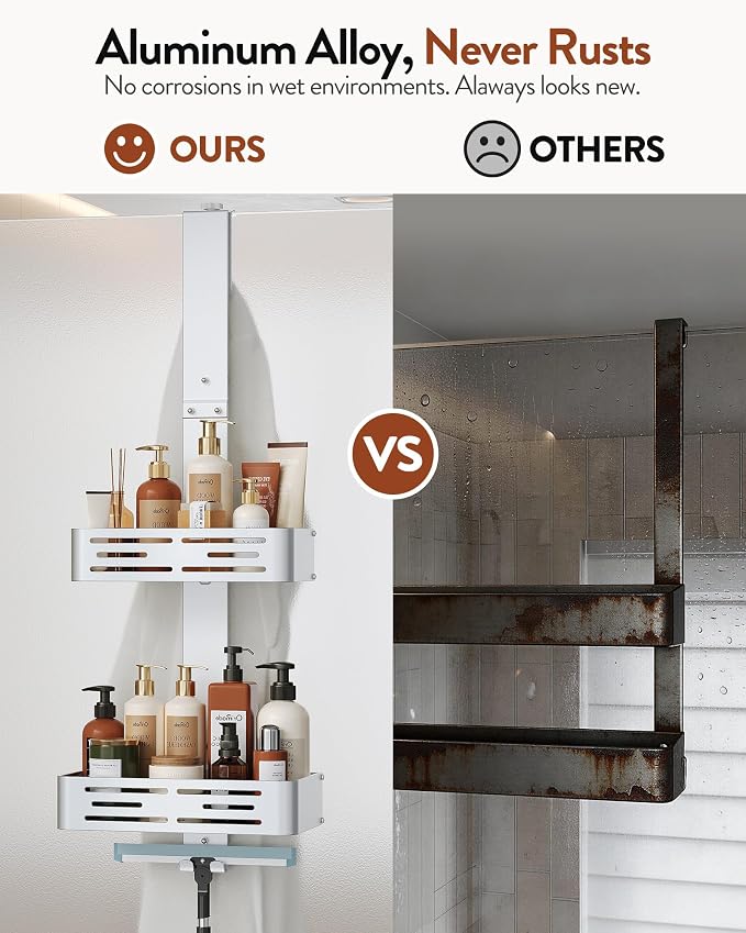 Orimade Aluminum Over the Door Shower Caddy, Rustproof Hanging Shower Organizer, Heavy Duty,Adjustable Height,Safe Rounded Edges, Bottom Plate to Hold Small Items, for Bathroom Storage, 2-Tier Silver - Image 3