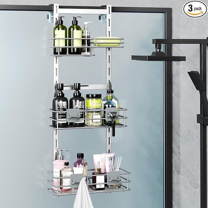 Orimade Over The Door Shower Caddy Adjustable 3 Tier Silver,Bathroom Hanging Organizer Shelf Rustproof with 4 Hooks,Shower Basket with Soap Holder and Suction Cup by Orimade