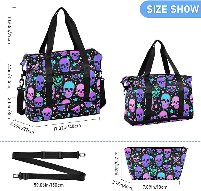 Travel Duffel Tote Bag Stars Purple Skulls Sports Duffel Bag with Wet Pocket Weekender Overnight Bag for Women Men Gym Bag, Carry On Bag Hospital Bag for Labor and Delivery - Image 2