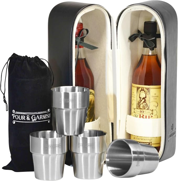 POUR & GARNISH Bourbon, Whiskey & Wine Double Bottle Travel Bag – Vegan Leather Spirits Carrier with 4 Stainless Steel Insulated Glasses & Gift Pouch – Luxury Barware Gift - Image 2