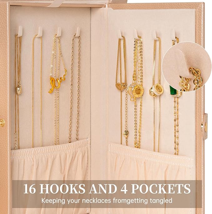 AKOZLIN 6-Tier Jewelry Box Organizer Functional 5 Drawers Leather Jewelry Storage Case for Women Girls Ring Necklace Earring Bracelet Holder Organizer with Mirror Medium Champagne - Image 4