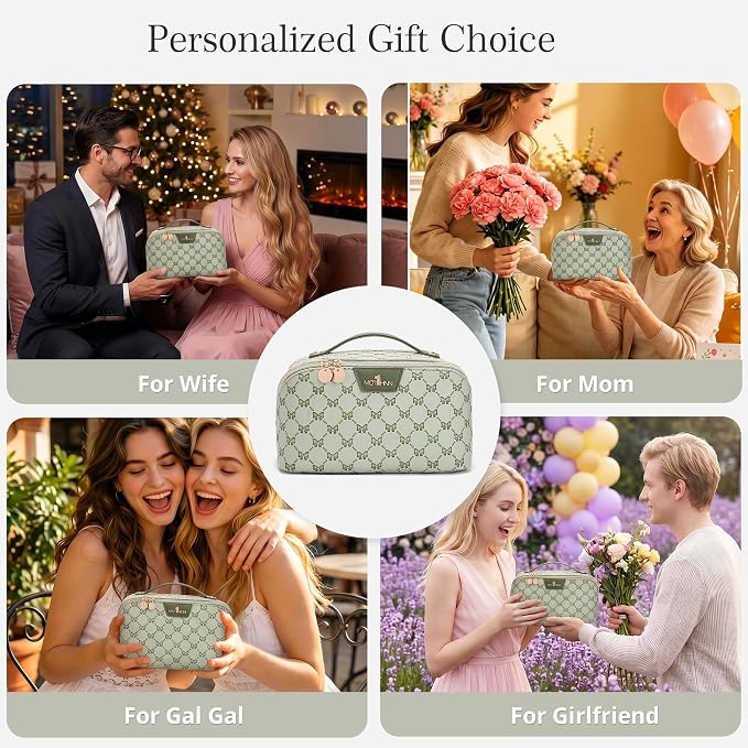 Travel Makeup Bags for Women: 3 Pcs Set Luxury Bow Print Make up Bag - Large Capacity Cosmetic Case - 3–15 Day Travel Toiletry Organizer Bag, Comes with An Gift Box(Ragweed green) - Image 5