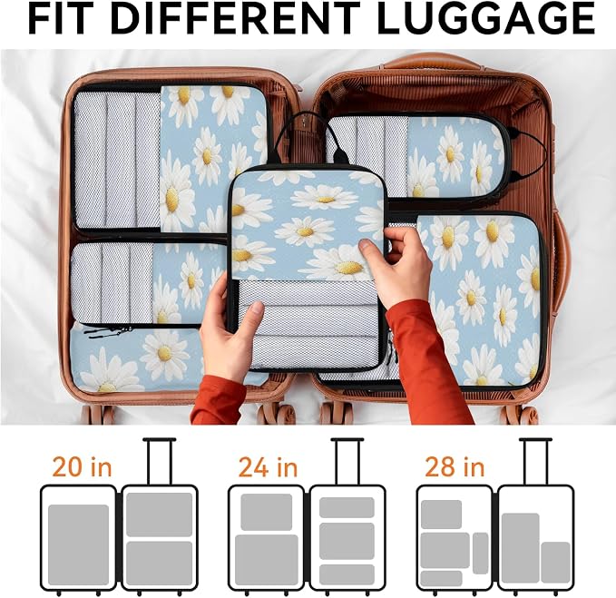 Floral Daisy 6 Set Compression Packing Cubes for Travel Luggage Carry On Suitcase Compressible Expandable Packing Cubes Organizers Bag - Image 7