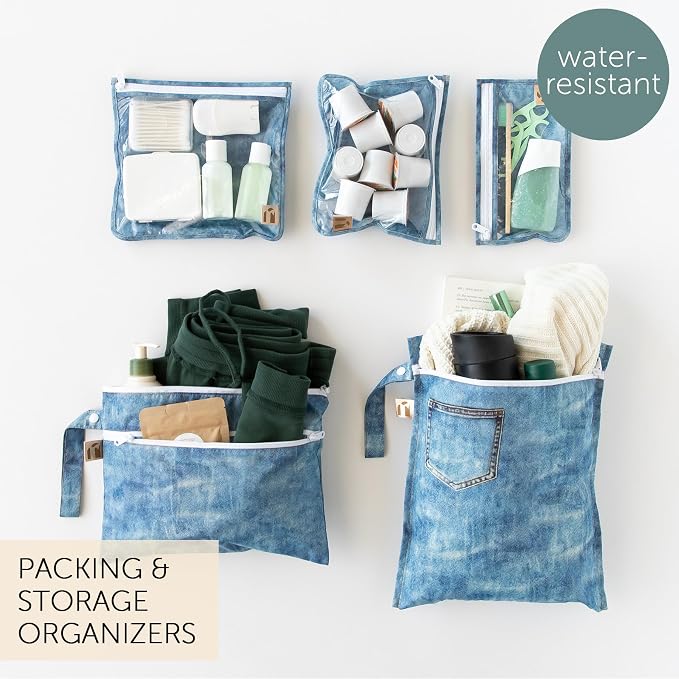 Bumkins Roamio Travel Set – Waterproof Wet Bag, Wet/Dry Clutch, 3 Clear TSA Pouches – Reusable Organizers for Swim, Gym, Toiletries, Baby Gear, Pump Parts, Beach, Pool, Travel, Faux Denim 5-pc Set - Image 2