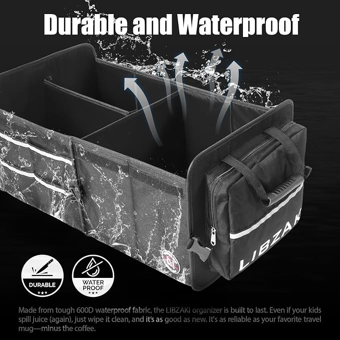 LIBZAKI Car Trunk Storage Organizer, Multi Compartment Collapsible Trunk Storage Box for Car Truck SUV-Black - Image 2