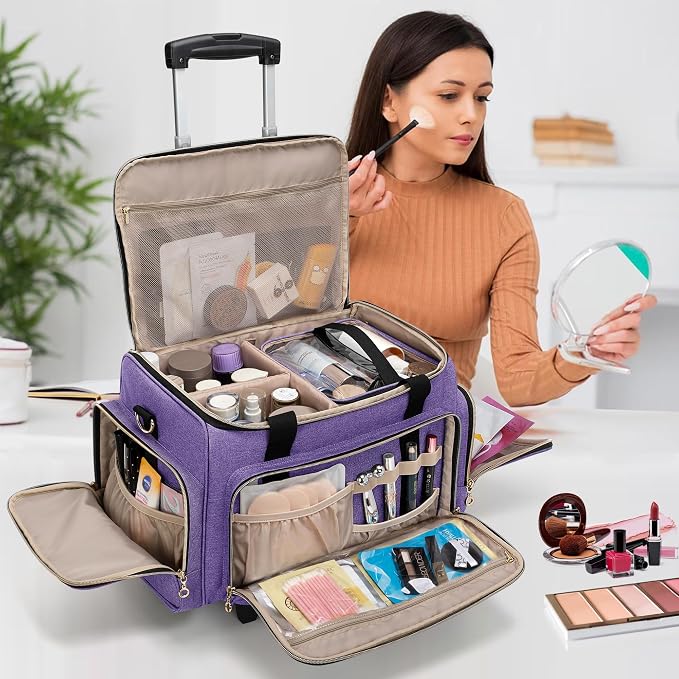 LUXJA Rolling Makeup Case with 3 Removable Makeup Bags and 1 Brush Holder | Large Cosmetic Bag with Detachable Shoulder Strap and Dolly, Professional Train Case with Multiple Storage Pockets, Purple - Image 8
