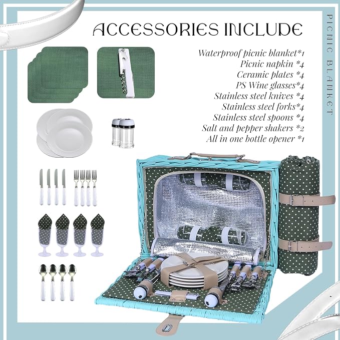 YPshuye Picnic Basket Set for 4 with Waterproof Blanket Mat Insulation Bag Wicker Blue Green Light Hawaiian Tropical Style Gift for Wedding Birthday Summer Camp Outdoor Camping Beach Travel Christmas - Image 6