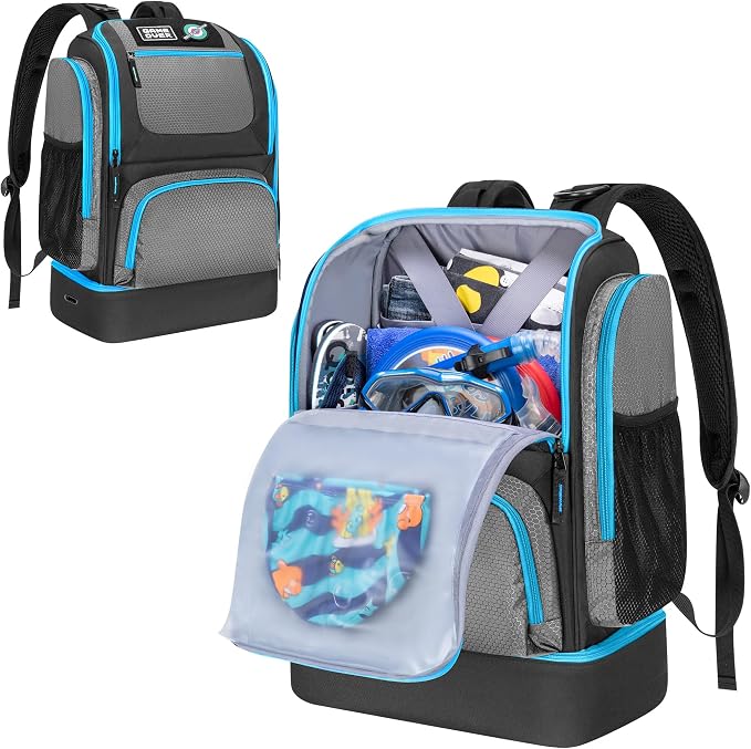 GOBUROS Swim Bag for Swimmers with Shoe Compartment, Swim Backpack for Men and Women, Swimming Bag with Multiple Pockets for Swim Gear Organization, Gray by GOBUROS