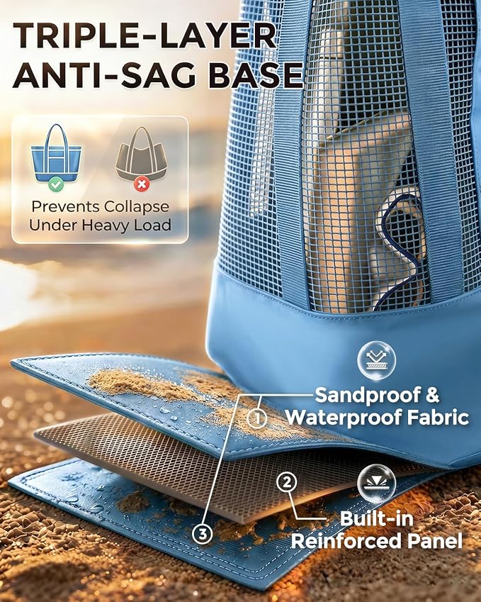 Large Mesh Beach Bag, Waterproof Bottom Tote, Structured Design Waterproof Pocket, Sandproof Pool Bag for Cruise Gym - Image 8