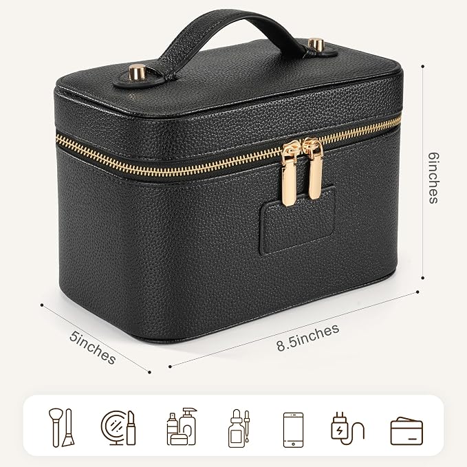 Makeup Bag Travel Toiletry Leather Cosmetic Case, Waterproof Makeup Organizer with Brush Holder, Wipe Clean Removable Divider Vanity Train Bag for Women, Black - Image 3