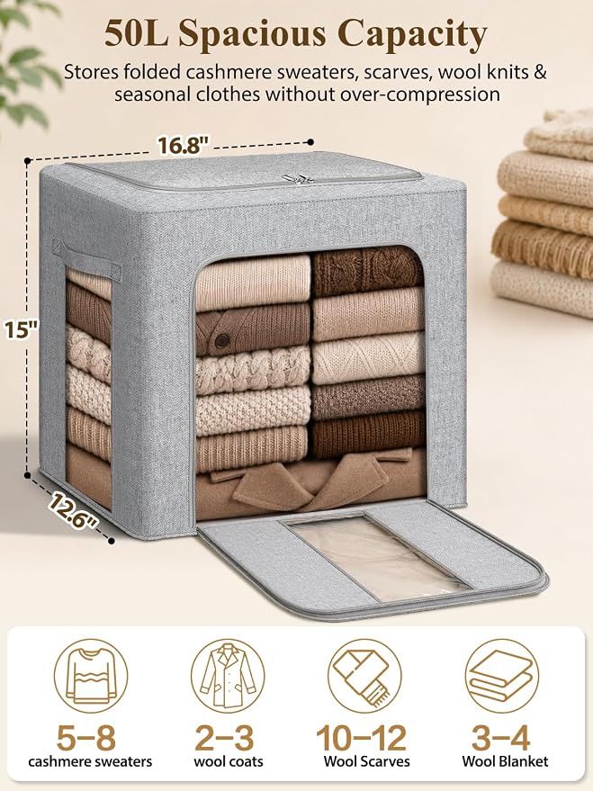 Cashmere Sweater Storage Bags with Natural Cedar Balls, Sturdy Steel Frame, Breathable Cotton-Linen Garment Storage Bags for Wool, Cashmere & Knit Sweaters, Stackable Wool Clothes Storage, 2-Pack - Image 2
