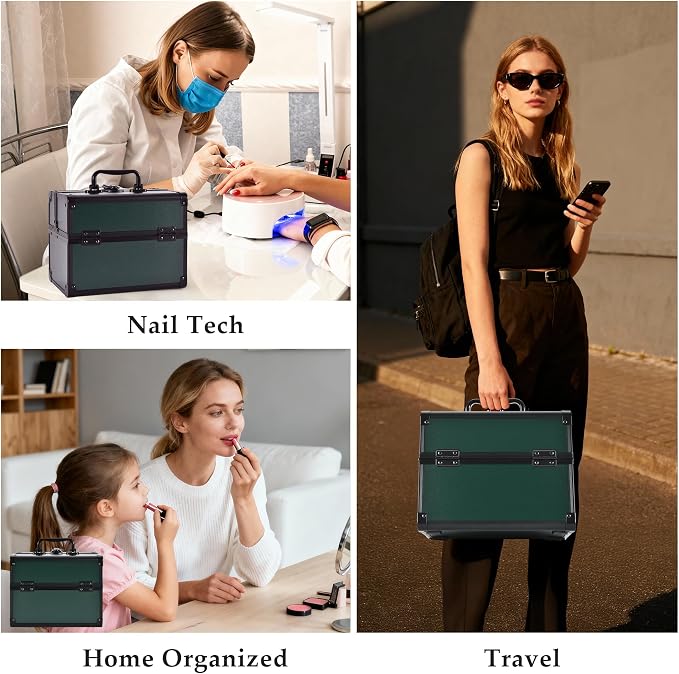 Makeup Train Case, Portable Makeup Case with Mirror, 2-Trays Cosmetic Organizer Case,Nail Polish Organizer, Travel Makeup Box, Profesional for Salon Barber, Green - Image 6