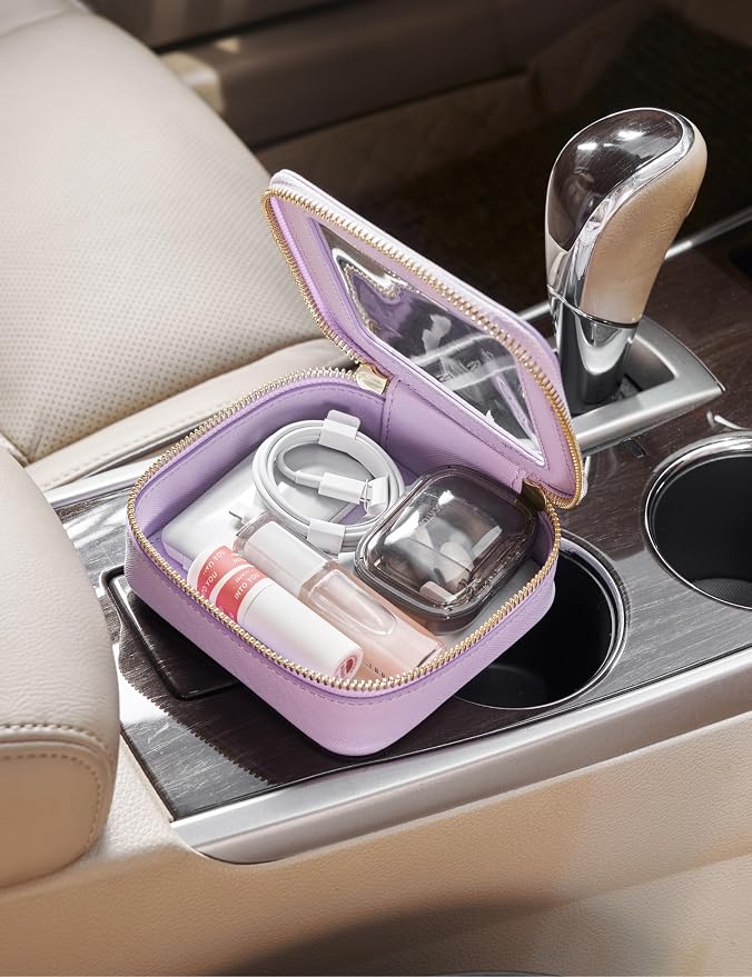 Small Cosmetic Bag for Purse Mini Makeup Bag for School Cute Clear Make Up Pouch for Travel Tiny Leather Purple Make Up Organizer Case for Backpack Toiletry Bag Waterproof Square Pouch with Zipper - Image 4