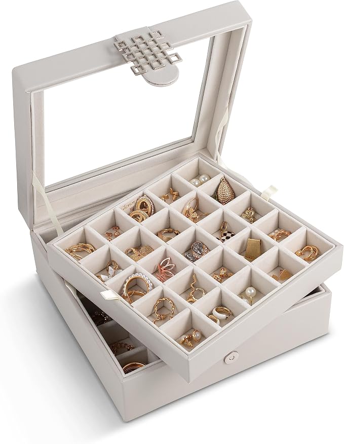 Glenor Co Earring Organizer - Classic 50 Section Jewelry Box/Case/Holder for Earrings, Rings, Necklaces, Jewelry, Cufflinks or Collections -2 Layer Small Compartments with Large Glass Top - Grey by GlenorCo
