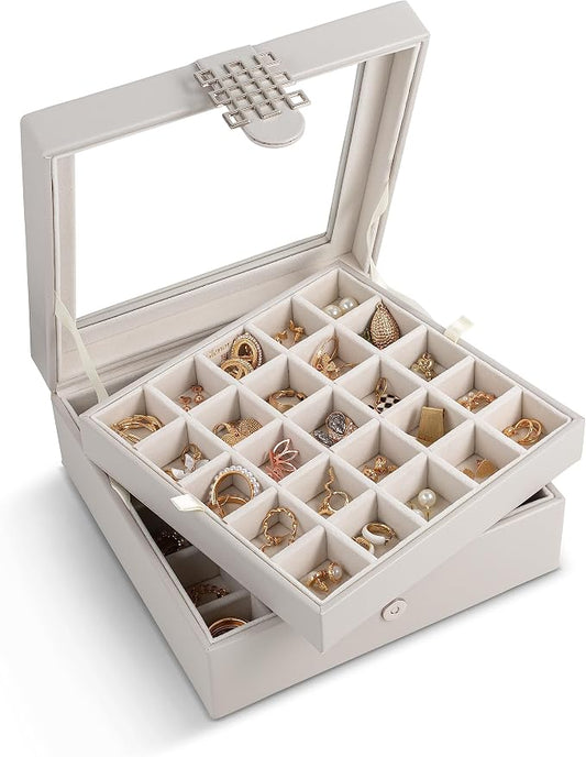 Glenor Co Earring Organizer - Classic 50 Section Jewelry Box/Case/Holder for Earrings, Rings, Necklaces, Jewelry, Cufflinks or Collections -2 Layer Small Compartments with Large Glass Top - Grey by GlenorCo