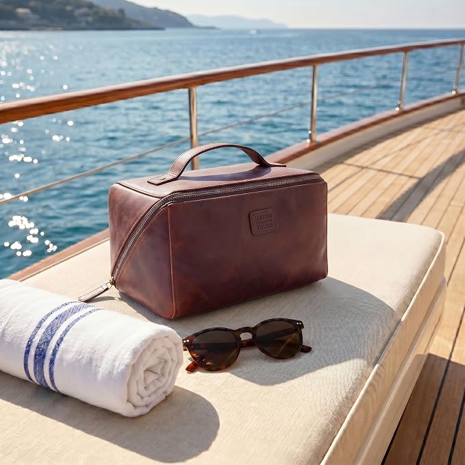 LEATHER VILLAGE Genuine Leather Travel Dopp Kit for Men & Women – Open Flat Large Capacity Cosmetic Bag with Water-Resistant Lining – Skin Care, Brushes, Shaving & Bathroom Essentials Organizer-Cherry - Image 6