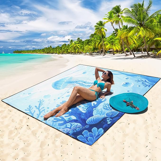 WIWIGO Beach Blanket Waterproof Sandproof Beach Mat 79" X 83"/10'x9'for 2-8 Adults Quick Drying Outdoor Picnic Mat Beach Accessories for Travel, Camping, Hiking - Image 4