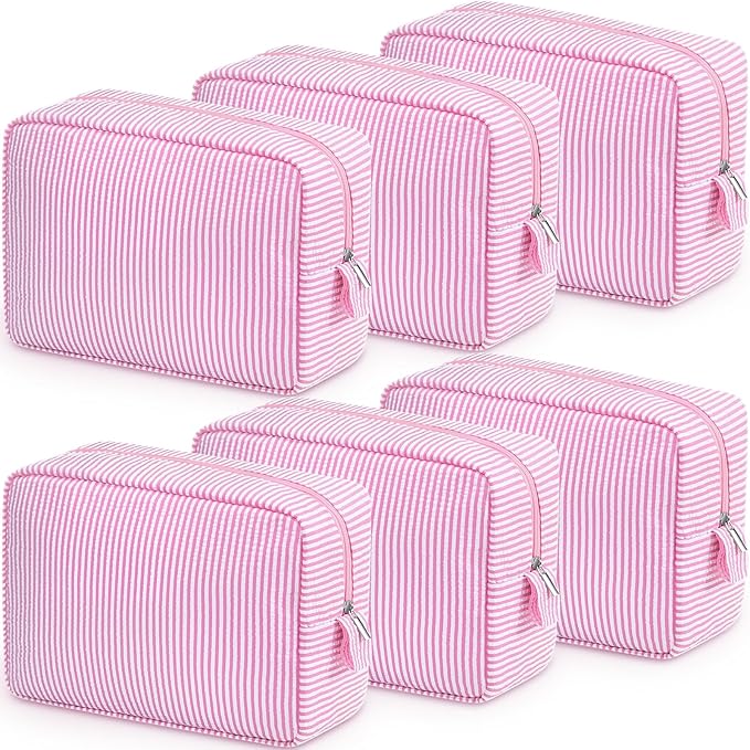 Sanwuta Seersucker Cosmetic Bag Bulk Striped Makeup Bag for Women Aesthetic Cute Travel Toiletry Organizer Preppy Storage Pouch for Wedding Bridesmaid Mother's Day Teacher Gift(Large,Pink,6) by Sanwuta