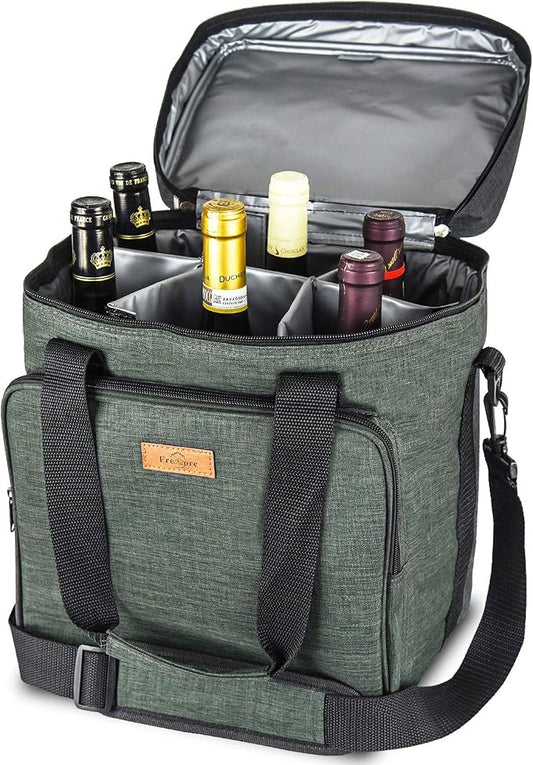Insulated Wine 3 or 6 Bottle Carriers Tote Travel Cooler Gift Bag For Airplane Liquor With Padded Shoulder Strap by Freshore