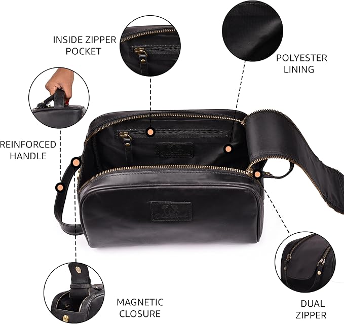 Premium Leather King Size Toiletry Travel Pouch – Handcrafted Dopp Kit Bag with Waterproof Lining, Spacious Design for Travel Essentials, Elegant Black Finish - Image 4