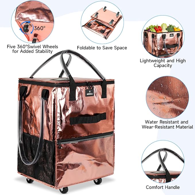 Large Reusable Grocery Bag On 5 Wheels, 130L Foldable Rolling Tote Bag, Heavy Duty Shopping Cart with Multiple Pockets, Rolling Grocery Bag, Zipper Closure & Handles for Shopping Travel, Rose Gold - Image 6