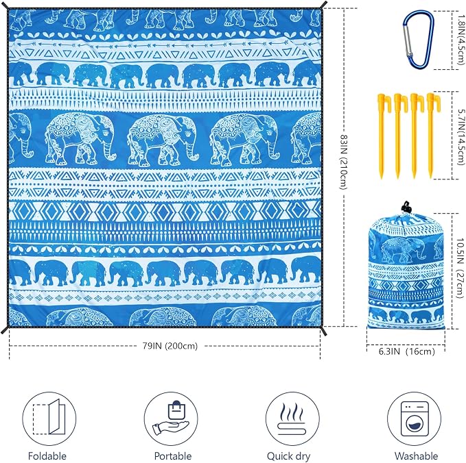 HIHOHO Beach Blanket Waterproof Sandproof Beach Mat for 1-8 Adults Quick Drying Durable Outdoor Picnic Mat for Beach Festival Travel Camping Hiking (Elephant-GC BL, 79"×83"(4 Person)) - Image 3