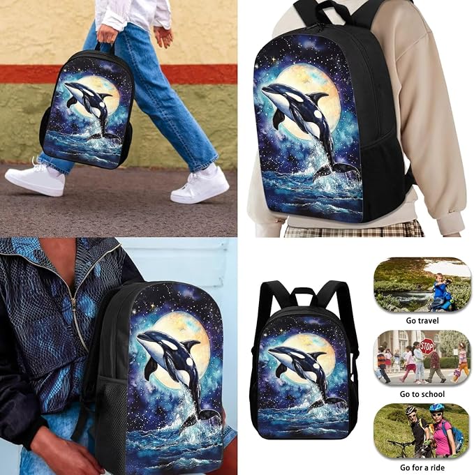 Killer Whale Backpack for School Girls 3rd Grade Preppy Galaxy Kids Bookbag with Lunch Box Set Moon 4 in 1 Primary Back Pack Lunch Bag Pencil Case Book Bags Lunchbox Water Bottle Holder - Image 3