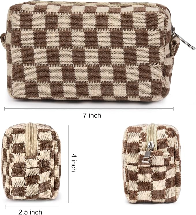 SOIDRAM 2 Pieces Makeup Bag Pouch Checkered Cosmetic Bag Black Brown, Travel Toiletry Bag Organizer Cute Makeup Brushes Storage Bag for Women - Image 3