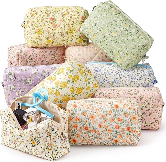 Sweetude 12 Pcs Flowers Makeup Bag Bulk Cotton Portable Travel Cosmetic Bags with Zipper Floral Cotton Roomy Travel Toiletry Organizer Storage Beauty Pouch for Women Gifts by Sweetude