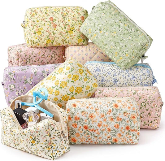 Sweetude 12 Pcs Flowers Makeup Bag Bulk Cotton Portable Travel Cosmetic Bags with Zipper Floral Cotton Roomy Travel Toiletry Organizer Storage Beauty Pouch for Women Gifts by Sweetude
