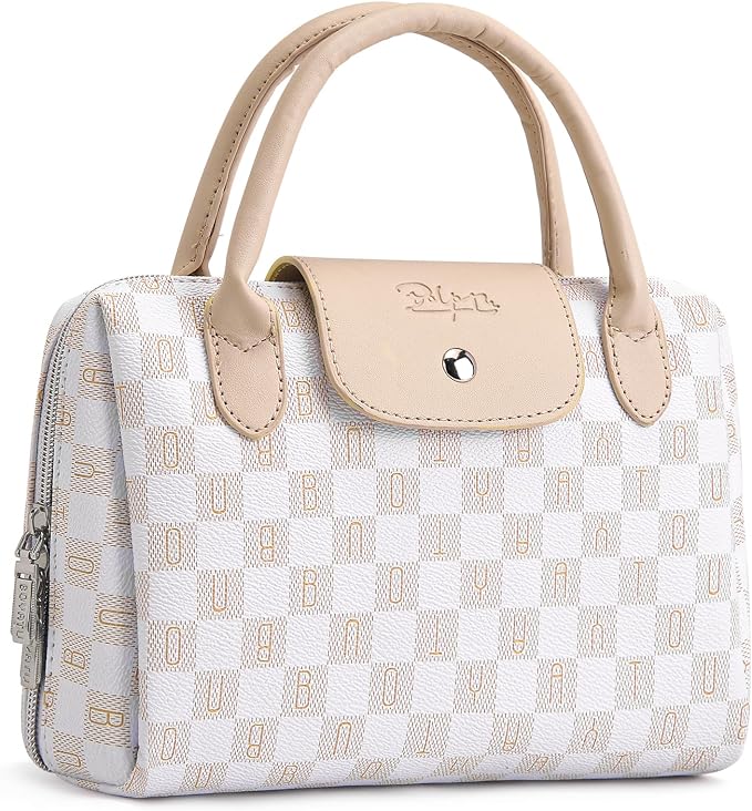 BOYATU Checkered Makeup Bag Organizer with Handle: Large Travel Cosmetic Bag Hold 10+ 100ml Full-Size Bottles for Date & Trip - Waterproof Leather Toiletry Pouch 3-sec Touch-up for Chic Woman(Apricot) by BOYATU