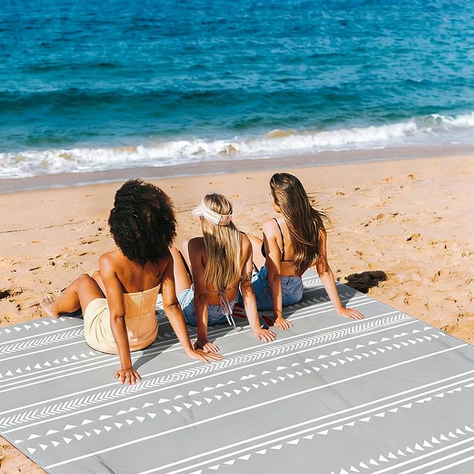 Beach Blanket Waterproof Sandproof, 9x10 FT Extra Large Beach Mat for 2-4 Adult with Stakes & Storage Bag, Sand Free Lightweight Outdoor Picnic Blankets for Travel, Camping, Hiking-Gray Geometry - Image 3