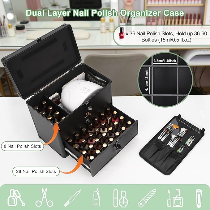 Relavel Nail Polish Organizer, Nail Bag Organizer Case Holds 36 to 60+ Bottles (15ml/0.5fl.oz) & Nail Lamp, Gel Polish Storage Box for Nail Supplies Kit, Manicure Tools, Nail Tech Accessories, Black - Image 2