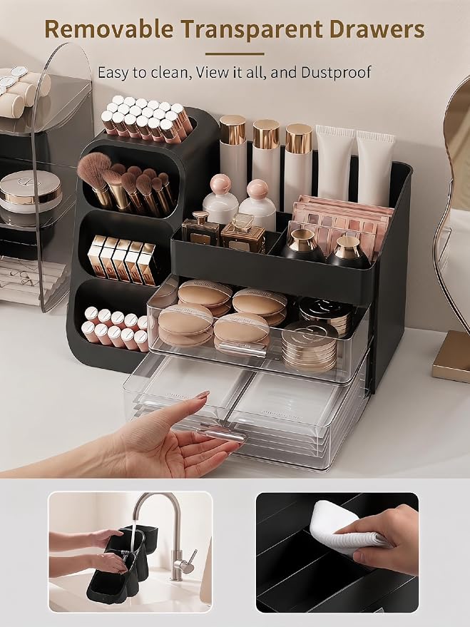 Booklov Makeup Organizer for Vanity, Large Capacity Cosmetic Display Case with Drawers, Countertop Beauty Storage Holder for Skincare, Brush Eyeliner Perfume Eyeshadow Lipsticks, Counter Desk, Black - Image 6