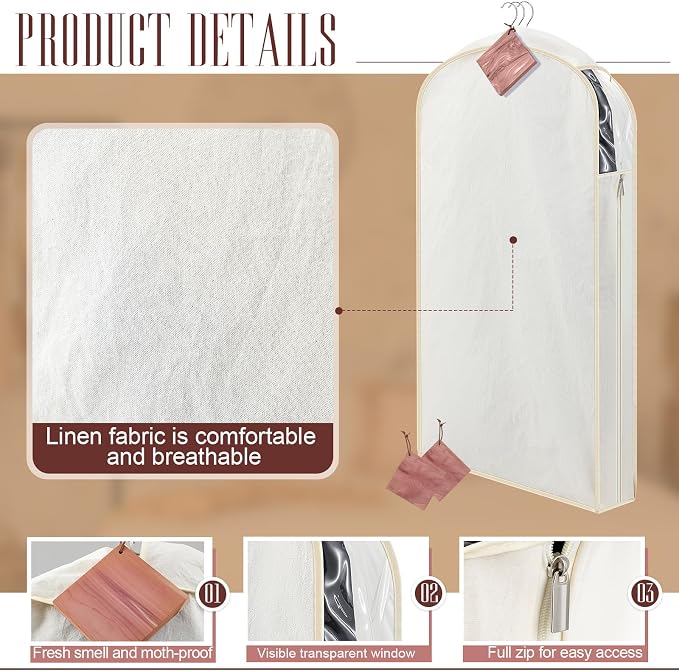 Briwooody 2 Sets 40 Inch Short Cotton Garment Bags, Breathable Hanging Storage with Cedar Blocks & Sandpaper for Fresh Scent and Moth Protection for Suits, Fur Coats, Jackets, Sweaters (Beige) - Image 3