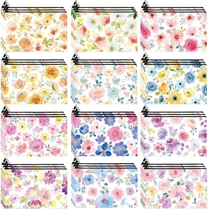 Hillban 36 Pcs Colorful Floral Cosmetic Bags for Women Inspirational Cute Canvas Makeup Bags Bulk Motivational Travel Cosmetic Pouch Beautiful Gifts for Teacher, 12 Styles by Hillban