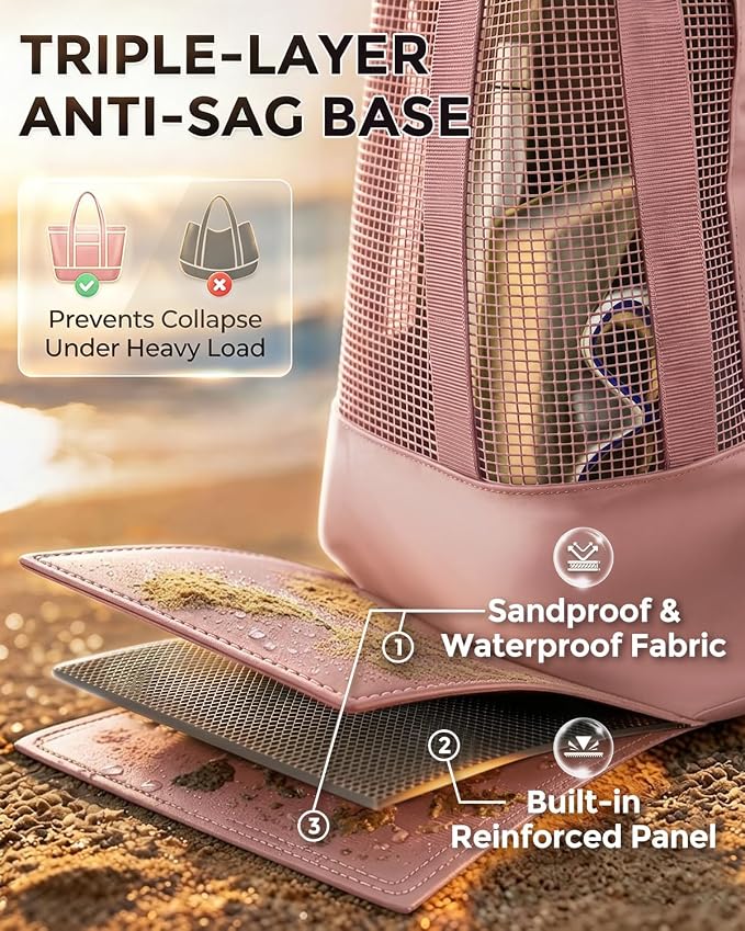 Large Mesh Beach Bag, Waterproof Bottom Tote, Structured Design Waterproof Pocket, Sandproof Pool Bag for Cruise Gym - Image 8