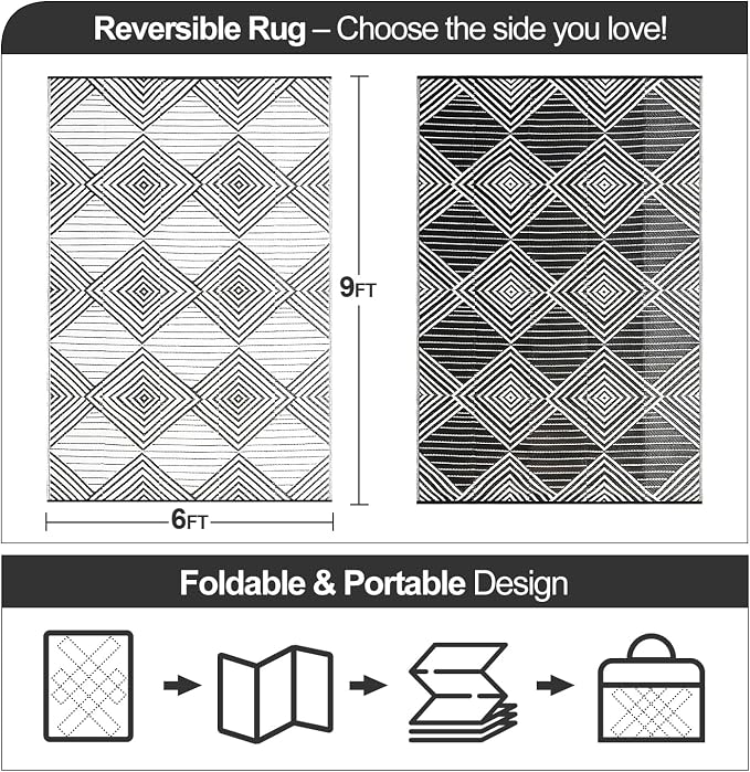 Waterproof Outdoor Rug 6x9ft, Foldable Reversible Plastic Straw Mat for Patio RV Deck Porch Backyard Balcony Camping Picnic Beach Indoor Outdoor Carpet, Black&White - Image 2