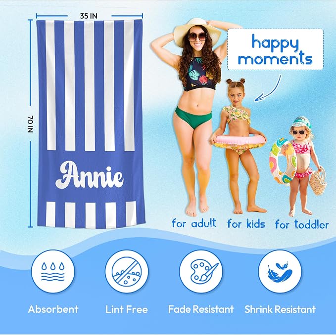 JML Personalized Beach Towel with Name, Custom Cabana Stripe Beach Towel, Customized Microfiber Pool Towel, Quick Dry & Absorbent Swim Towel for Adult,Mother's Day, Birthday, Summer Holiday,Vacation - Image 3