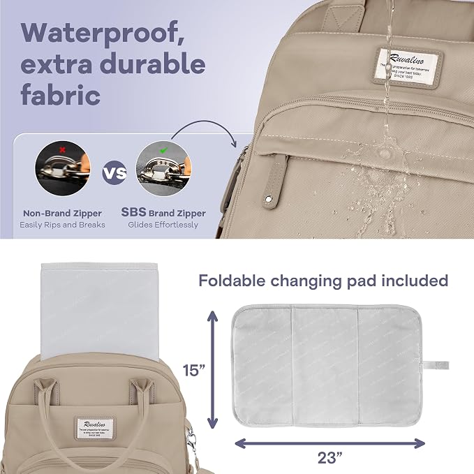 RUVALINO Diaper Bag Backpack-Multifunction Baby Travel Bag with Changing pad, Insulated Bottle Holders & Pacifier Case, Large Capacity, Waterproof, Clay - Image 6