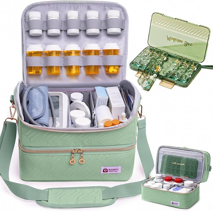 BAGSFY Travel Medicine Bag Organizer with 7-Day Pill Organizer, AM & PM Pill Box, Medication Storage, First Aid Kit Case by BAGSFY