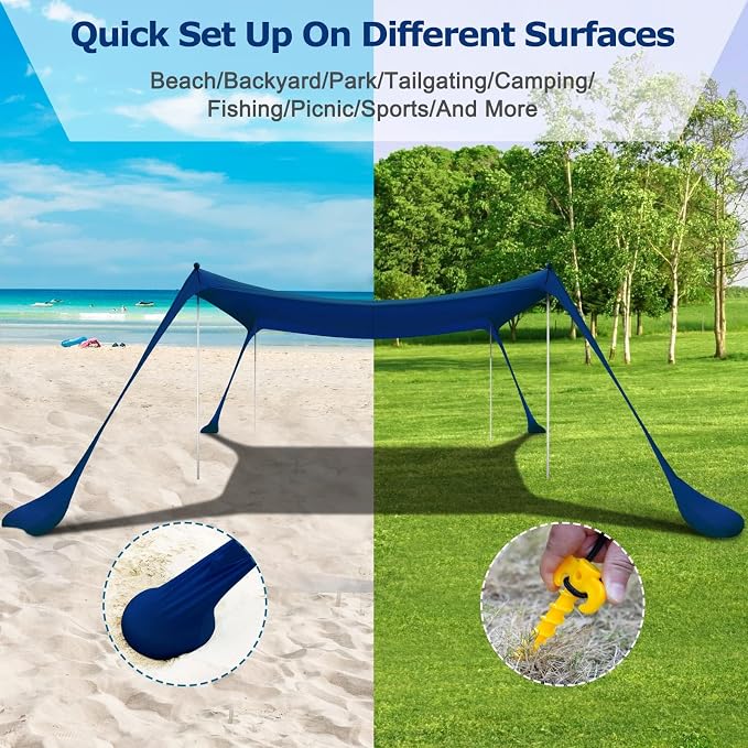 COMMOUDS Beach Tent Sun Shelter - UPF50+ Pop Up Beach Canopy with Sandbags & Sand Shovel & Windproof Poles, Portable Sun Shade for Beach, Camping, Picnics, Backyard - Image 5