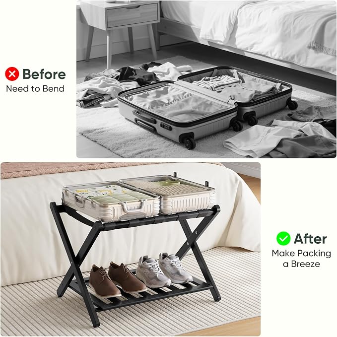 Smart FENDEE Fully Assembled Black Luggage Rack, Suitcase Stand with Shoe Shelf, Folding Wooden Luggage Stand for Guest Room, Bedroom, Hotel - Image 8